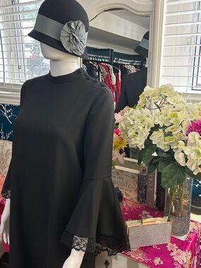 Zara Black Lace-Trim Bell Sleeve Chemise Dress